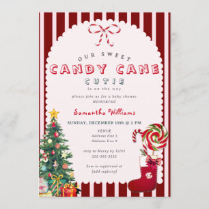 Sweet Candy Cane Cutie Pink Holiday Baby Shower Invitation
