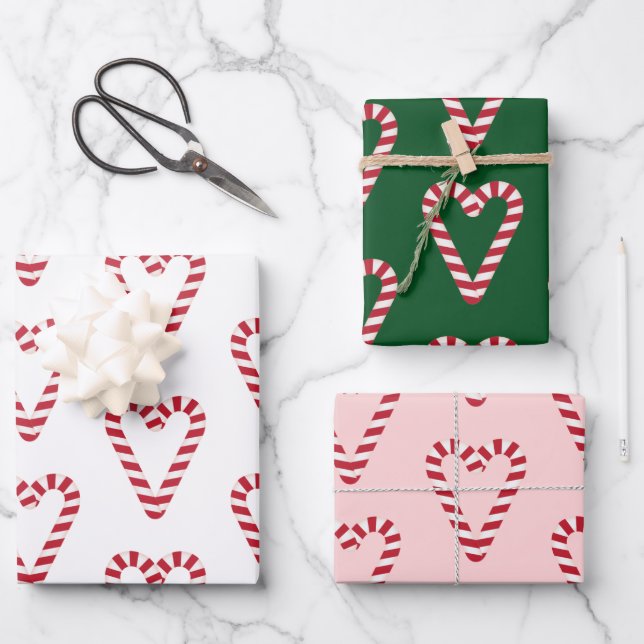 Sweet Candy Cane Heart Wrapping Paper Sheet (Front)
