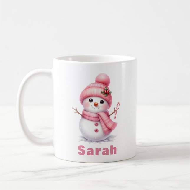 Sweet Candy Cane Pink Snowman Christmas Coffee Mug (Left)