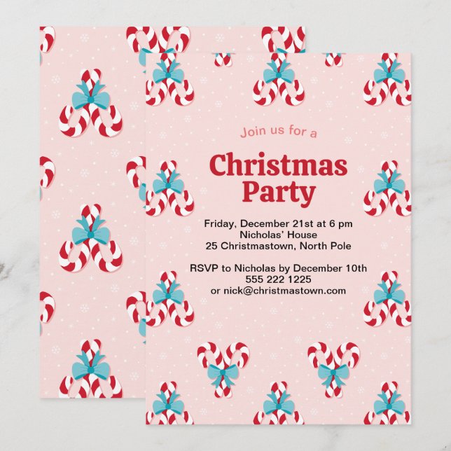 Sweet Candy Canes and Bows Christmas Invitation (Front/Back)