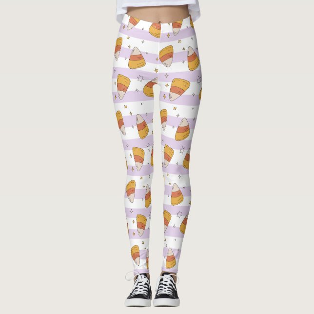 Sweet Candy Corn & Stars Halloween Pattern Leggings (Front)