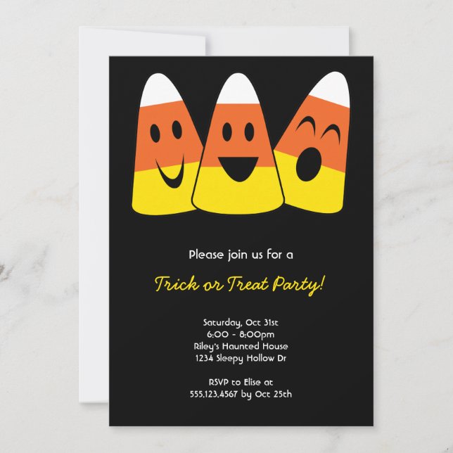Sweet candy corn trio trick or treat Halloween Invitation (Front)