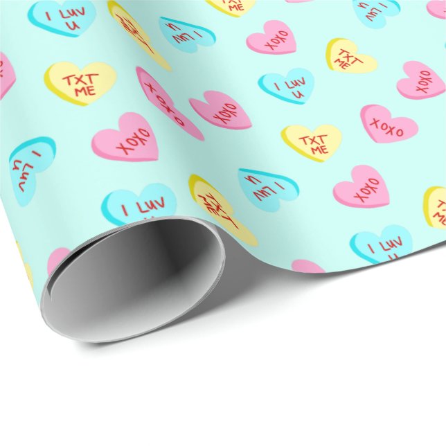 Sweet Candy Hearts with Words Blue Valentine's Day Wrapping Paper (Roll Corner)