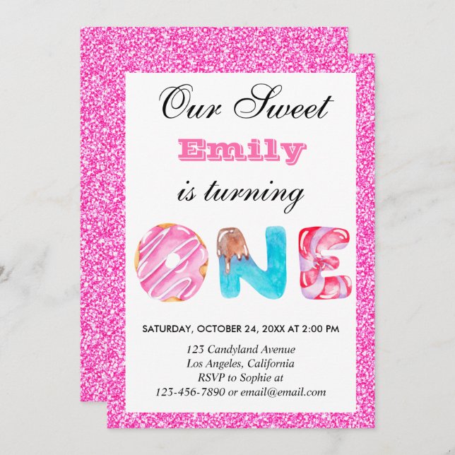 Sweet Candy Hot Pink Glitter First Birthday One Invitation (Front/Back)