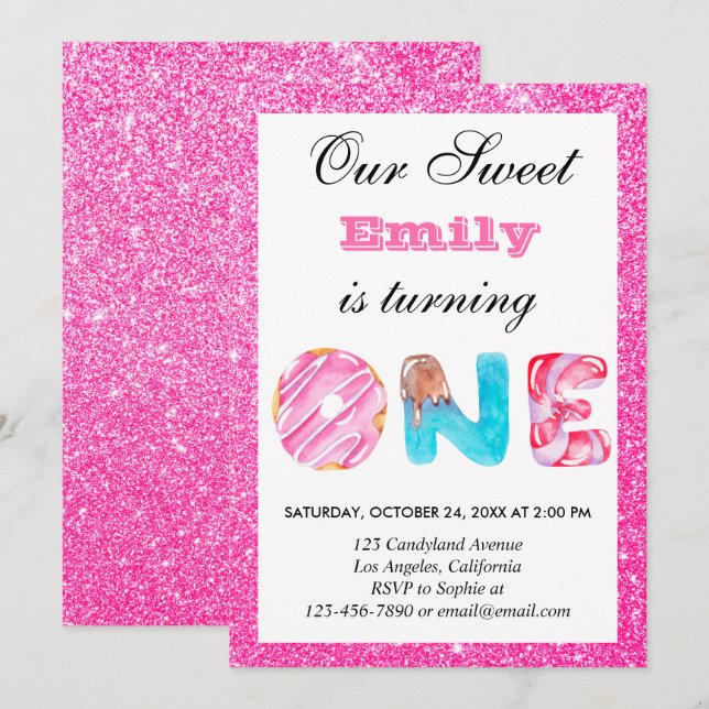 Sweet Candy Hot Pink Glitter First Birthday One Invitation (Front/Back)