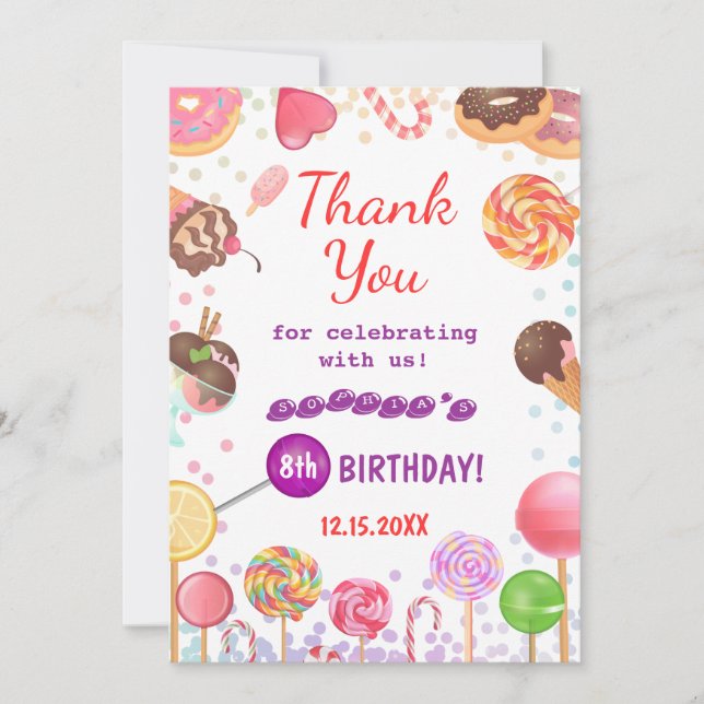Sweet Candy Land Birthday Ice Cream Doughnut Party Thank You Card (Front)