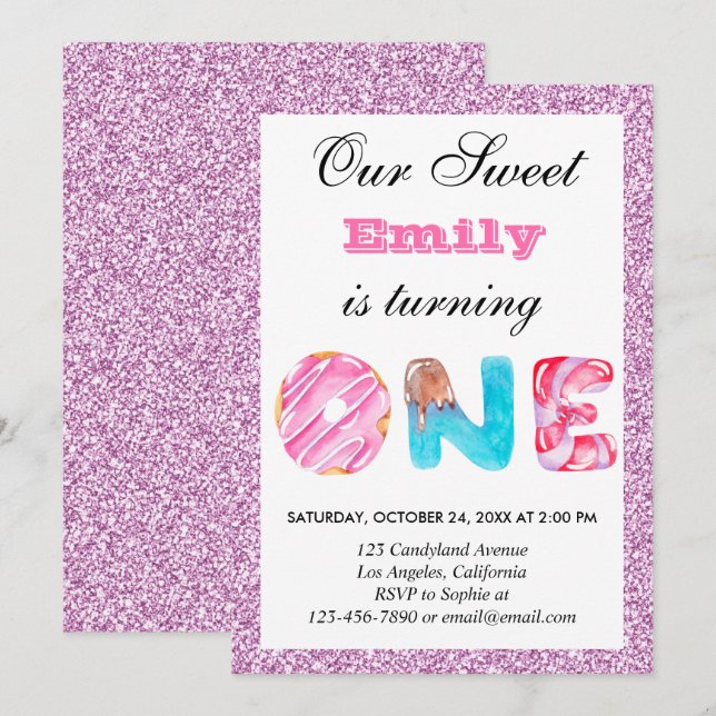 Sweet Candy Pink Lilac Glitter First Birthday One Invitation (Front/Back)