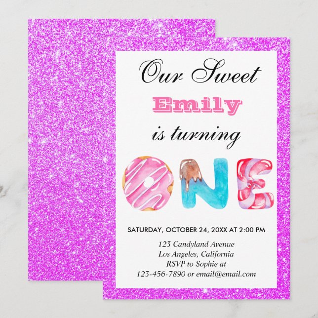 Sweet Candy Pink Purple Glitter First Birthday One Invitation (Front/Back)