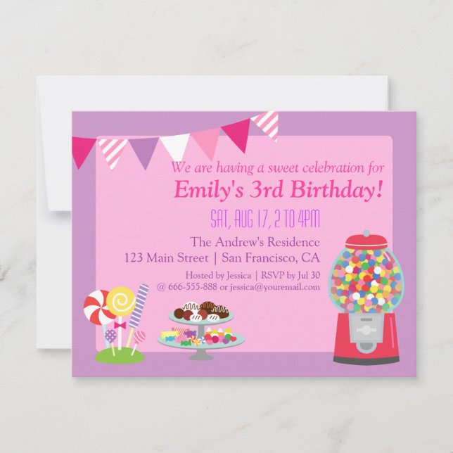 Sweet Candy Themed Birthday Girl Party Invitation (Front)
