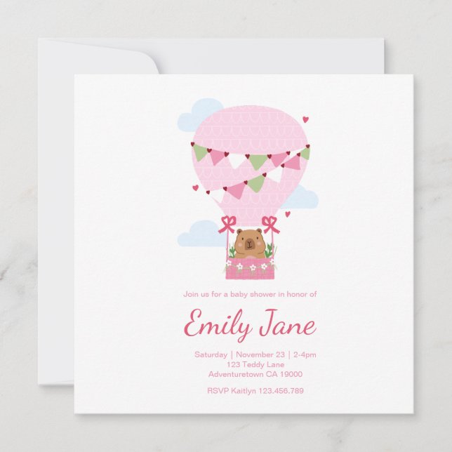 Sweet Capybara Baby Shower Invitation Baby Girl (Front)