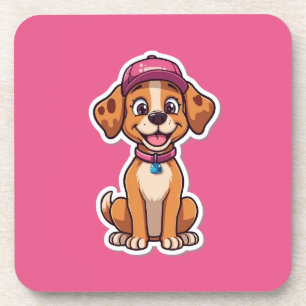 Sweet Cartoon Dog – Happy Puppy in Cap Sticker Coaster