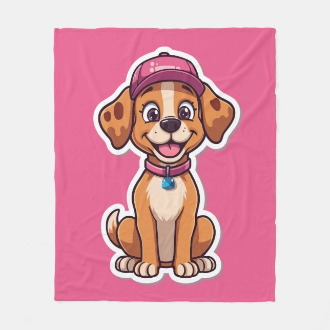 Sweet Cartoon Dog – Happy Puppy in Cap Sticker Fleece Blanket (Front)
