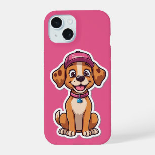 Sweet Cartoon Dog – Happy Puppy in Cap Sticker iPhone 15 Case