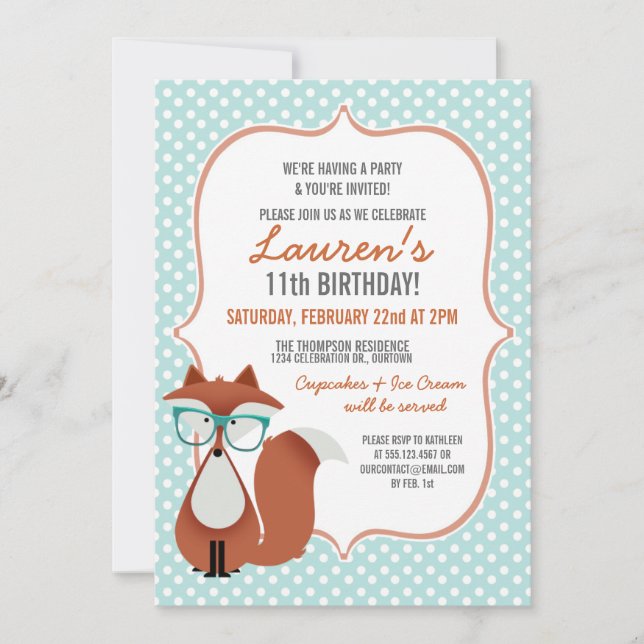 Sweet Cartoon Red Fox Birthday Party Invitations (Front)