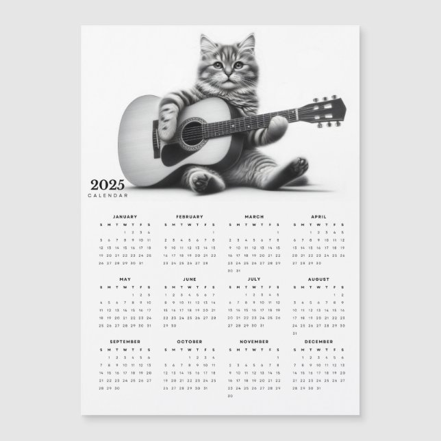 Sweet Cat and Acoustic Guitar 2025 Magnet Calendar (Front)