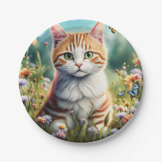 Sweet cat in a flower meadow paper plate