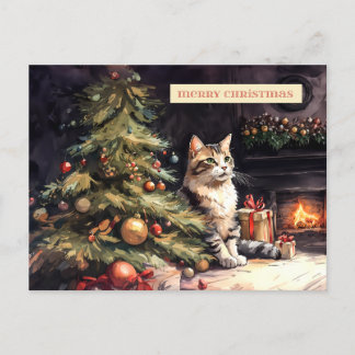 Sweet cat under the Christmas tree Holiday Postcard