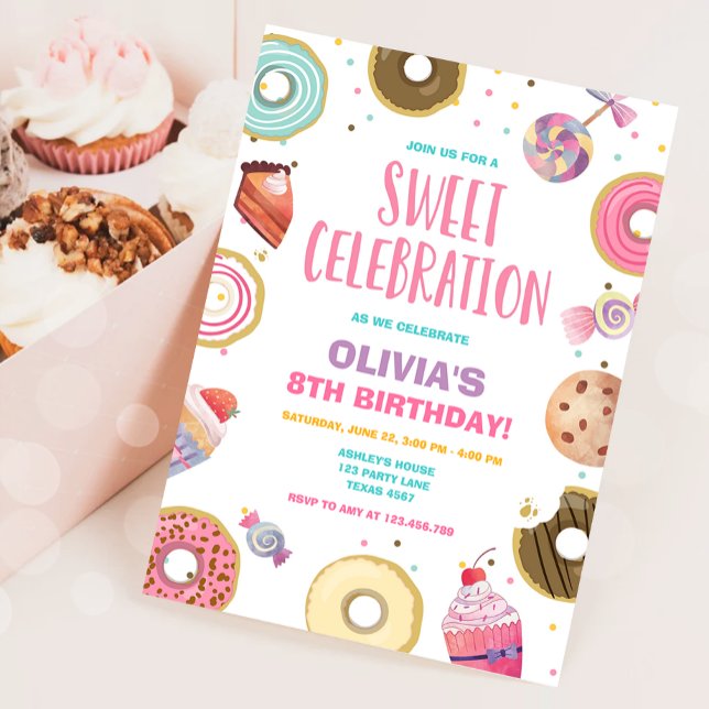 Sweet Celebration Candy Doughnut Pink Girl Birthda Invitation (Creator Uploaded)