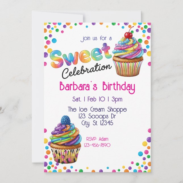 Sweet Celebration Colourful Cupcake Birthday Invitation (Front)
