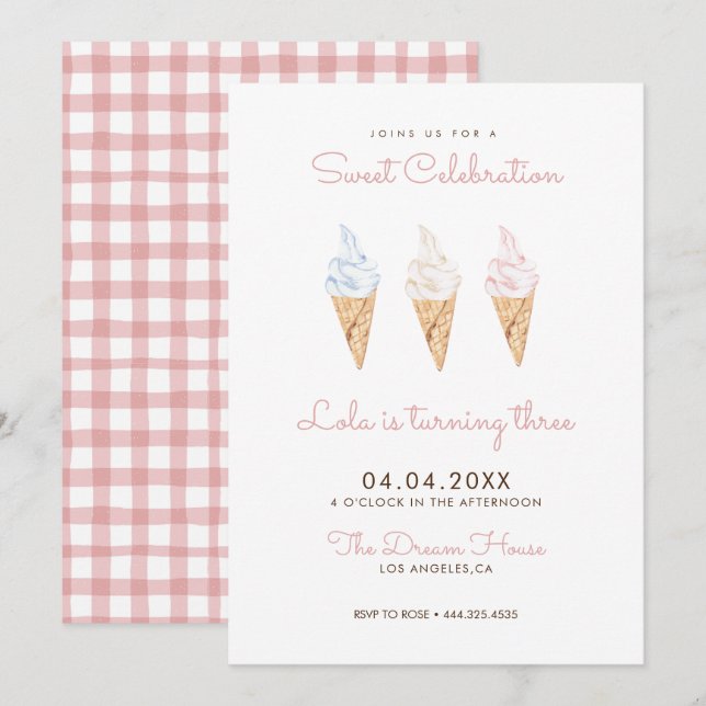 Sweet Celebration Ice Cream Pink Birthday Invitation (Front/Back)