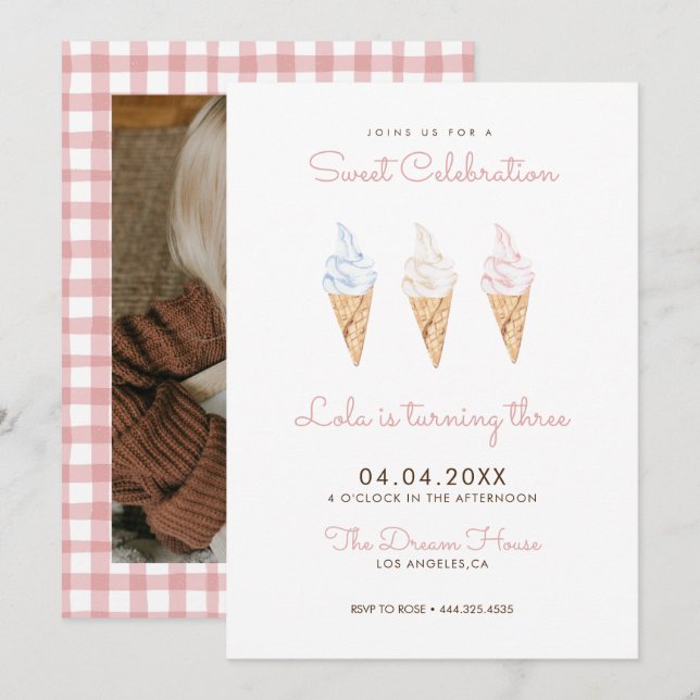 Sweet Celebration Ice Cream Pink Birthday Invitation (Front/Back)