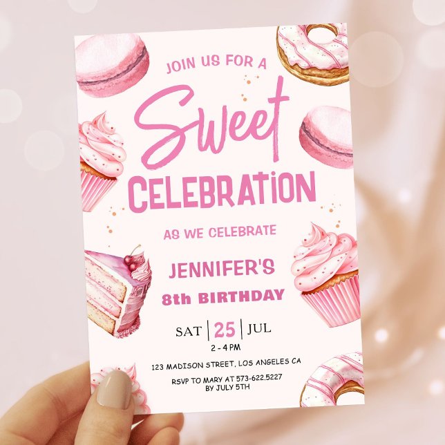 Sweet Celebration Pink Doughnuts Girl 8th Birthday Invitation (Creator Uploaded)