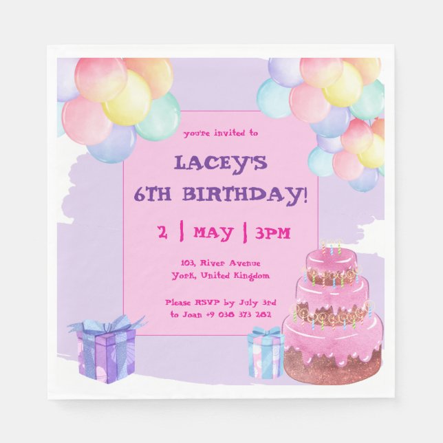 Sweet Celebration: Purple Birthday Paper Napkin (Front)