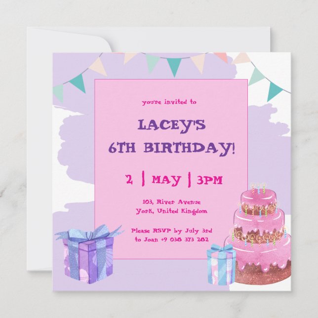 Sweet Celebration: Purple Pink Birthday Invitation (Front)