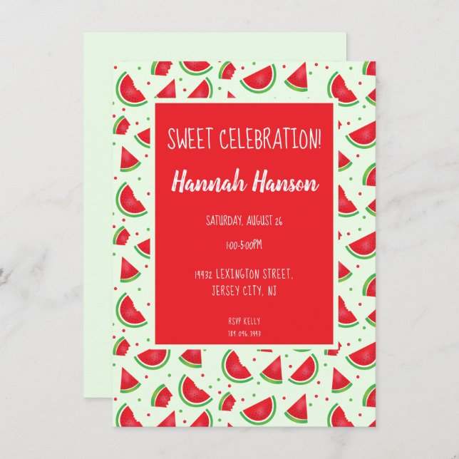 Sweet Celebration Watermelon Pattern Light Green Invitation (Front/Back)