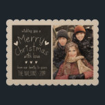 SWEET CHALKBOARD | HOLIDAY PHOTO GREETING CARD<br><div class="desc">SWEET,  RUSTIC 2014 HOLIDAY PHOTO GREETING CARD WITH BLACK CHALKBOARD DESIGN. ELKE CLARKE© HANDWRITTEN TEXT FONT WITH THE WORDS "WISHING YOU A MERRY CHRISTMAS WITH LOVE FROM OUR FAMILY TO YOURS" AND CUTE HEARTS PATTERN. THREE PHOTO COLLAGE. ONE ON FRONT AND TWO ON BACK OF CARD.</div>
