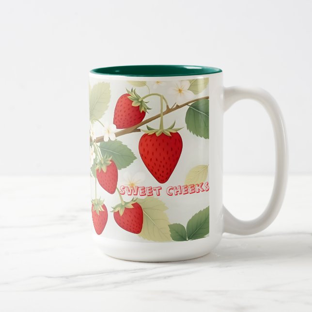 Sweet Cheeks Custom Red Strawberries White Flowers Two-Tone Coffee Mug (Right)