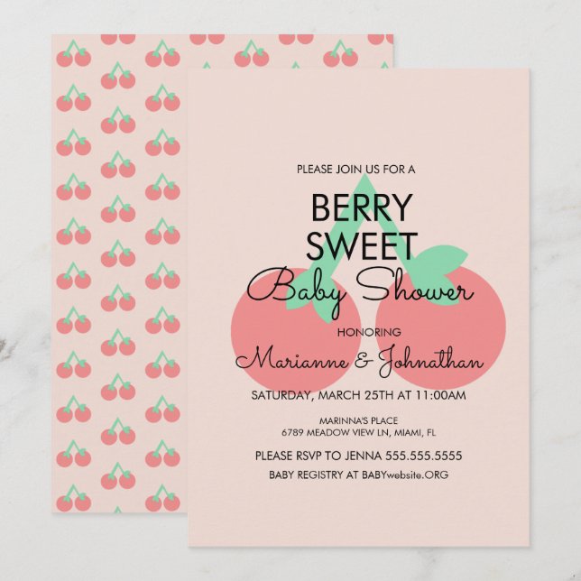 Sweet Cherries Fruit Pink Baby Shower Invitation (Front/Back)