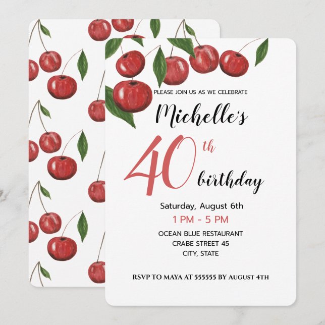 Sweet Cherries Watercolor Hand-painted Invitation (Front/Back)
