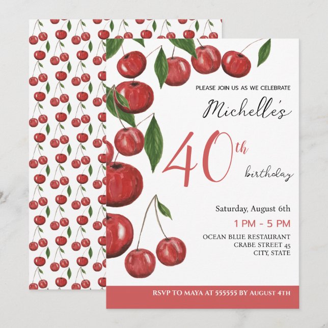 Sweet Cherries Watercolor Illustration Birthday In Invitation (Front/Back)