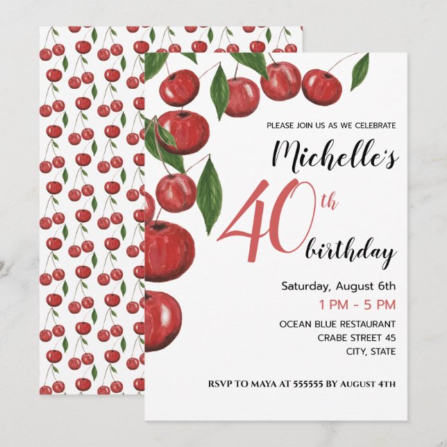 Sweet Cherries Watercolor Illustration Birthday Invitation (Front/Back)