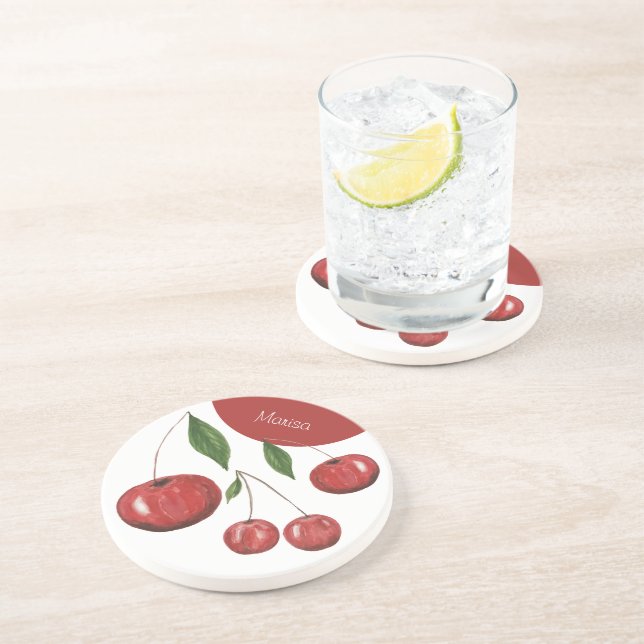 Sweet Cherries Watercolor Illustration Monogrammed Coaster (Side)