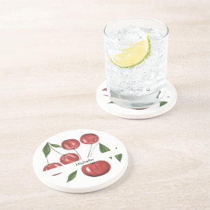 Sweet Cherries Watercolor Illustration Monogrammed Coaster