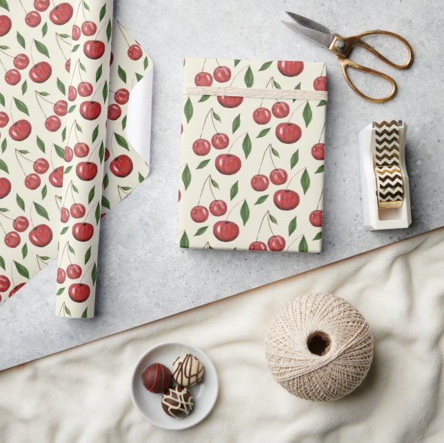 Sweet Cherries Watercolor Illustration Pattern Wrapping Paper (Crafts)