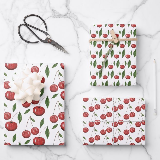 Sweet Cherries Watercolor Illustration Wrapping Paper Sheet (Front)