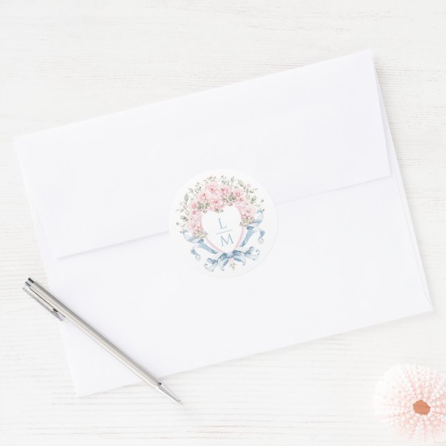 Sweet Cherry Blossom Crest | Monogram Wedding Classic Round Sticker (Envelope)