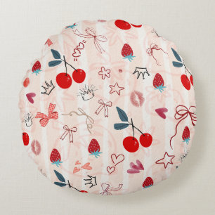 Sweet Cherry Bows and Stars Aesthetic Design Round Cushion
