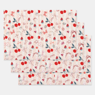 Sweet Cherry Bows and Stars Aesthetic Design Wrapping Paper Sheet