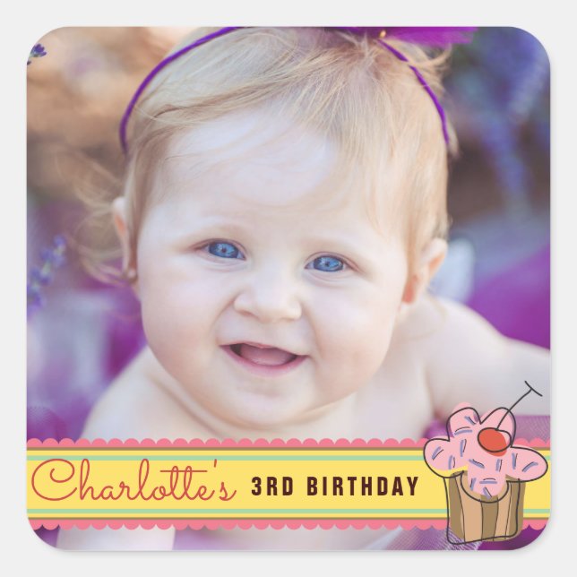 Sweet Cherry Cupcake Girl's Birthday Photo Sticker (Front)