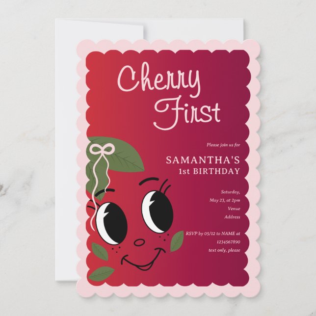 Sweet Cherry First Girl Cute Cartoon 1st Birthday Invitation (Front)