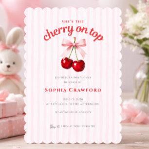 Sweet Cherry on Top Pink Bow Baby Shower Invitation