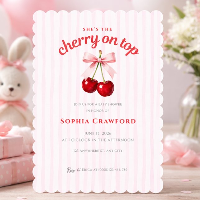 Sweet Cherry on Top Pink Bow Baby Shower  Invitation (Sweet Cherry on Top Pink Bow Baby Shower Invitation)