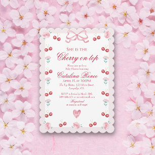 Sweet Cherry On Top Pink Bow Red Invitation