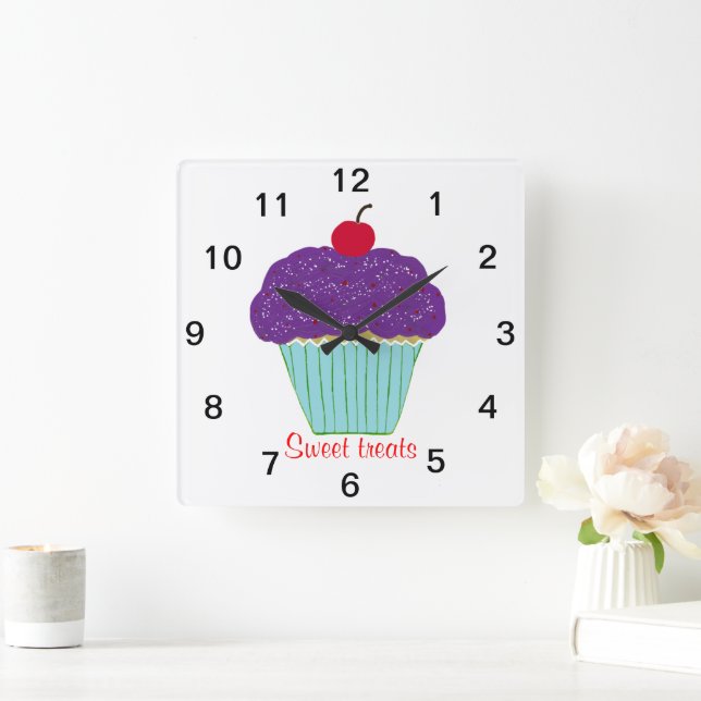 Sweet Cherry on Top Purple Frosting Cupcake Square Wall Clock (Home)