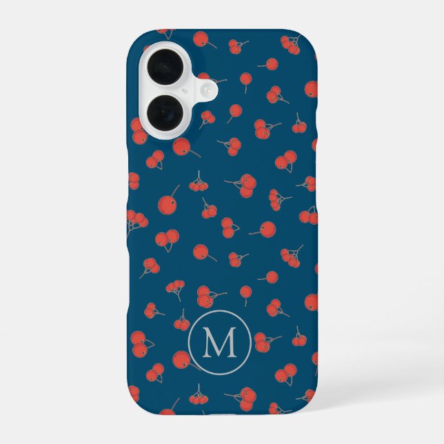 Sweet Cherry Pattern on Dark Blue Monogram iPhone 16 Case (Back)