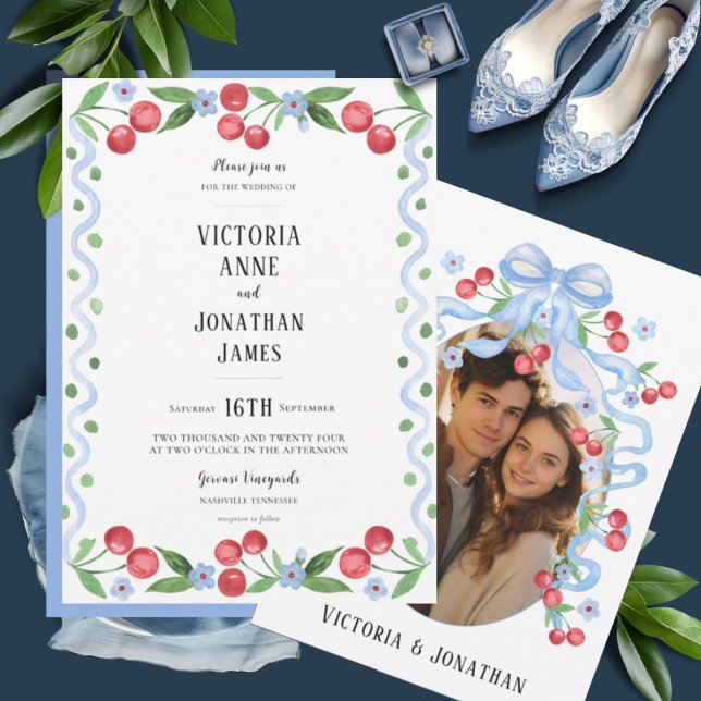 Sweet Cherry Watercolor Photo Wedding Invitation (Creator Uploaded)